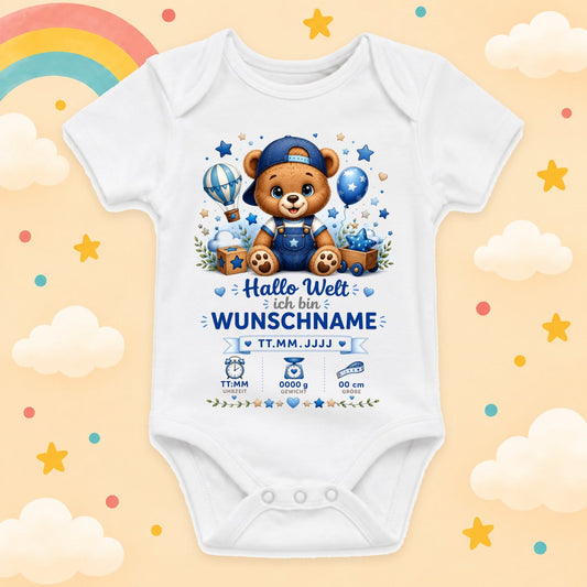 Babybody Geburtsdaten Personalisiert Junge Wunschname Bär Motiv Hallo Welt Weißer Kurzarm Body aus Baumwolle Individuelles Geburtsmotiv Baby Geschenk zur Geburt, Taufe & Babyparty