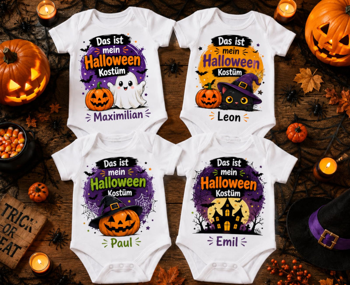 Baby Body Halloween Personalisiert mit Wunschname Weißer Kurzarm Body aus Baumwolle Süße Halloween Motive Geschenk Jungen Mädchen Neugeborene Geburt Taufe, Kürbis – Produktansicht 2