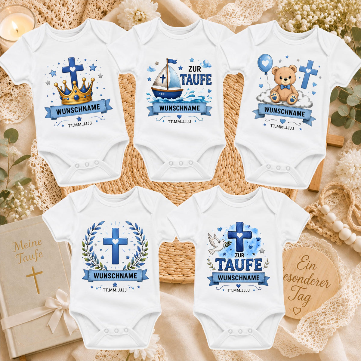 Personalisierter Baby Body Taufe mit Name & Datum – Taufbody Junge Geschenk zur Taufe – Babybody mit Wunschname Taufgeschenk, Kreuz Taube – Produktansicht 2