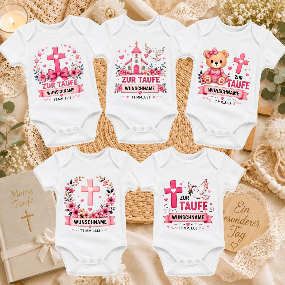 Personalisierter Babybody Taufe Mädchen mit Name & Datum – Taufbody Kurzarm – Geschenk zur Taufe – Taufgeschenk Baby – verschiedene Taufmotive mit Wunschname, Kreuz Taube – Produktansicht 2