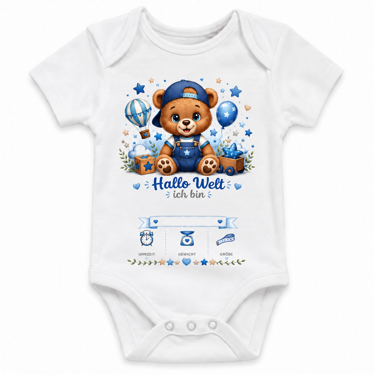 Personalisierter Babybody – Vorschau mit Wunschname und Geburtsdaten