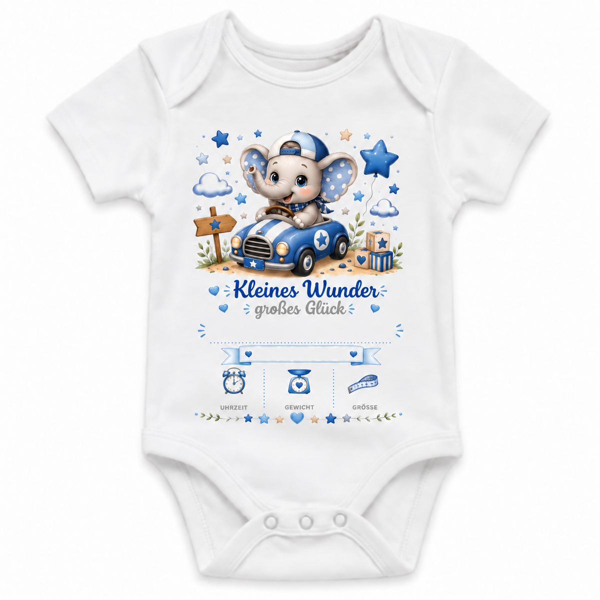 Personalisierter Babybody – Vorschau mit Wunschname und Geburtsdaten