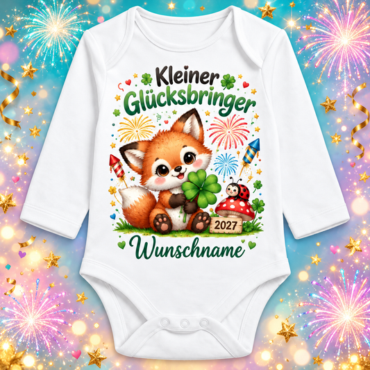 Babybody Langarm – Kleiner Glücksbringer – Fuchs mit Wunschname – festlicher Silvester-Hintergrund