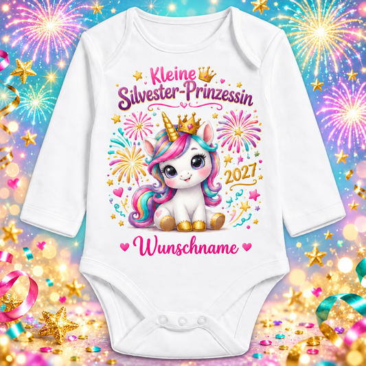 Babybody Langarm – Kleine Silvester-Prinzessin – Einhorn mit Wunschname – festlicher Silvester-Hintergrund