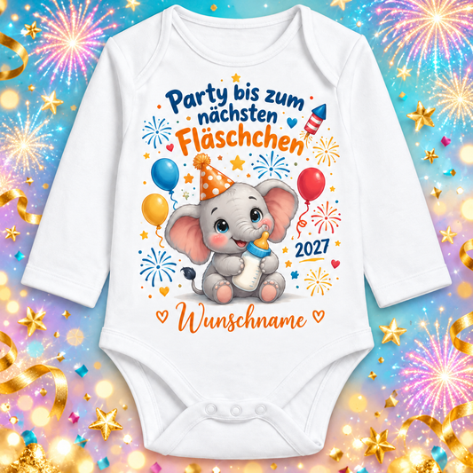 Babybody Langarm – Party bis zum nächsten Fläschchen – Elefant mit Wunschname – festlicher Silvester-Hintergrund