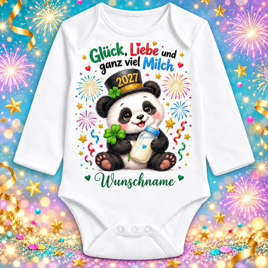 Babybody Langarm – Glück, Liebe und ganz viel Milch – Panda mit Wunschname – festlicher Silvester-Hintergrund