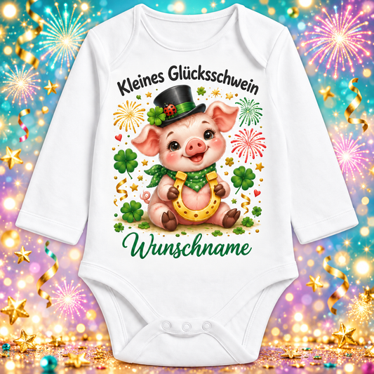 Babybody Langarm – Kleines Glücksschwein – Ferkel mit Hufeisen mit Wunschname – festlicher Silvester-Hintergrund