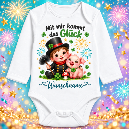 Babybody Langarm – Mit mir kommt das Glück – Schornsteinfeger mit Wunschname – festlicher Silvester-Hintergrund