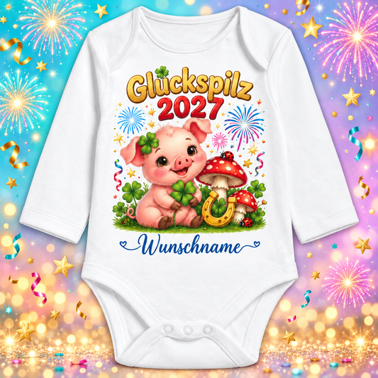 Babybody Langarm – Glückspilz 2027 – Ferkel mit Glückspilzen mit Wunschname – Silvester-Hintergrund