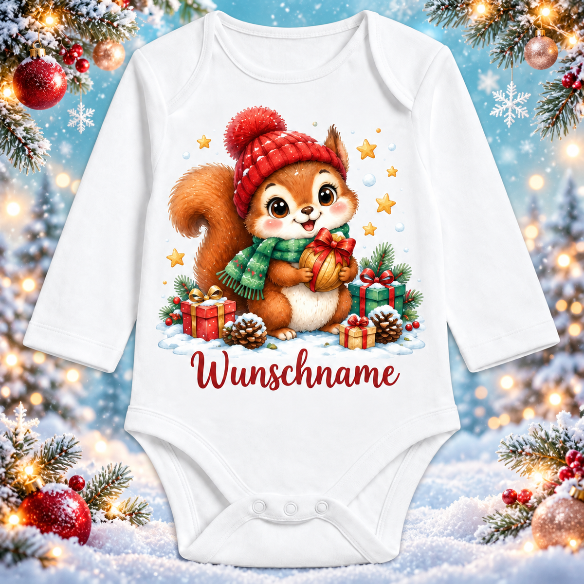 Personalisierter Langarm-Babybody mit Eichhörnchen und Wunschname – Winter-Hintergrund