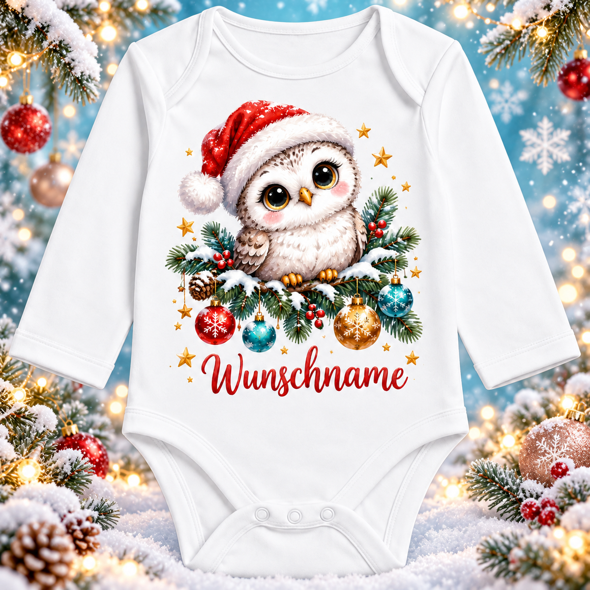 Personalisierter Langarm-Babybody mit Eule und Wunschname – Winter-Hintergrund