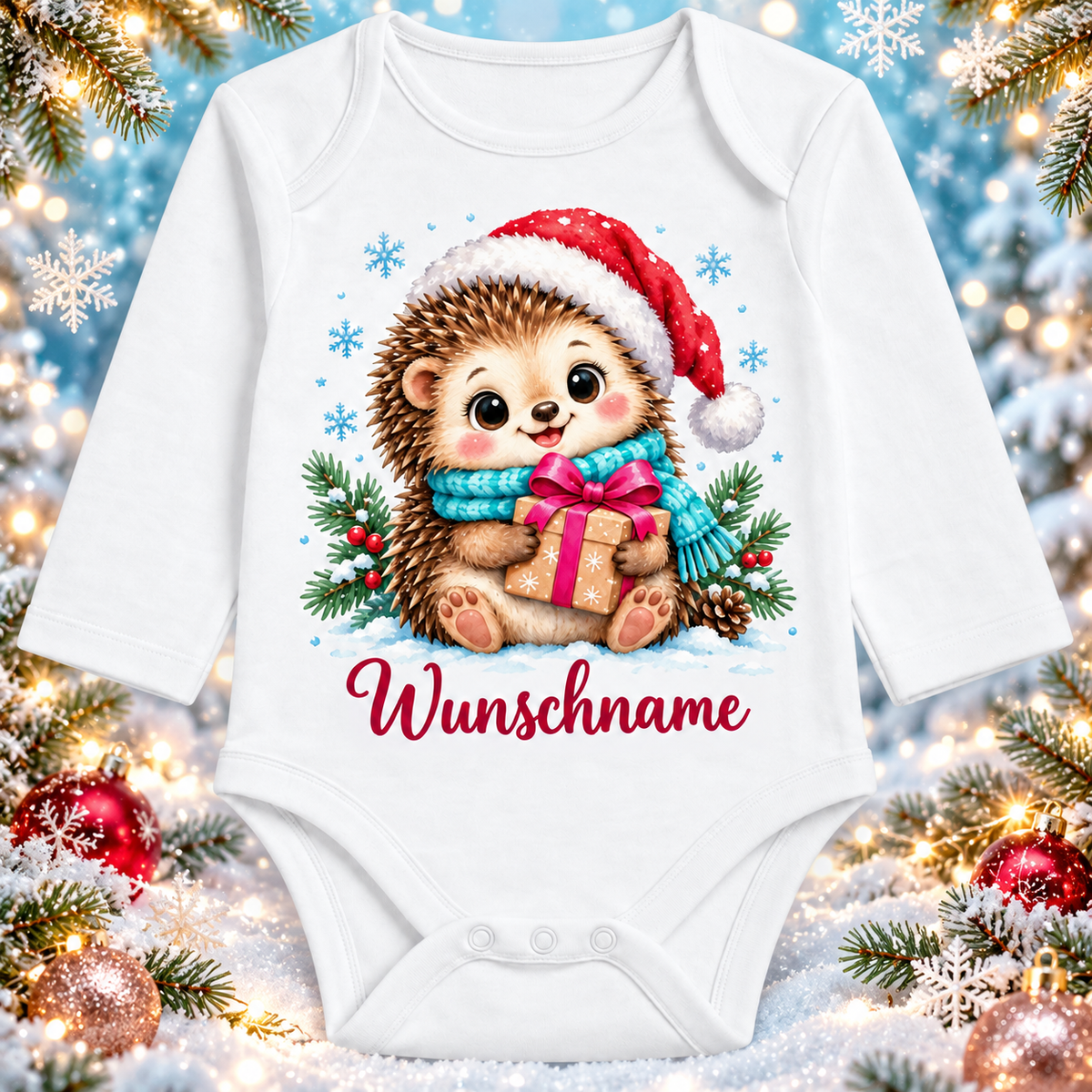 Personalisierter Langarm-Babybody mit Igel und Wunschname – Winter-Hintergrund