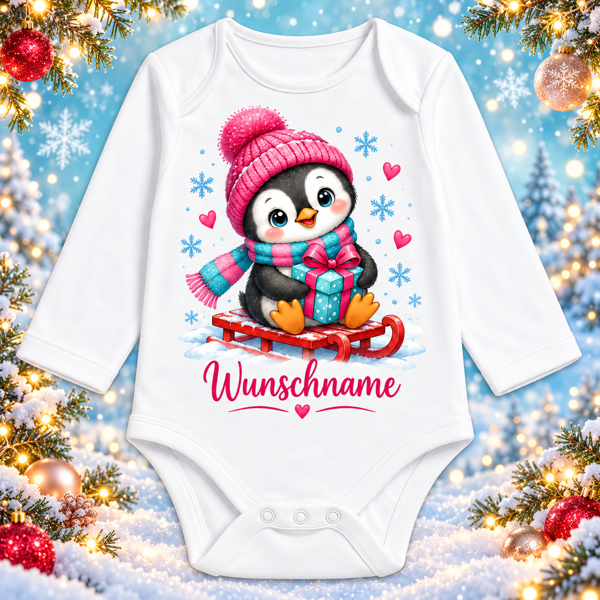Personalisierter Langarm-Babybody mit Pinguin und Wunschname – Winter-Hintergrund