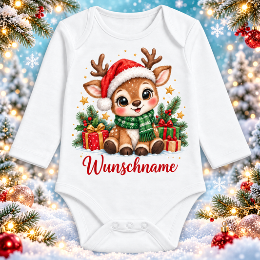 Personalisierter Langarm-Babybody mit Rentier und Wunschname – Winter-Hintergrund