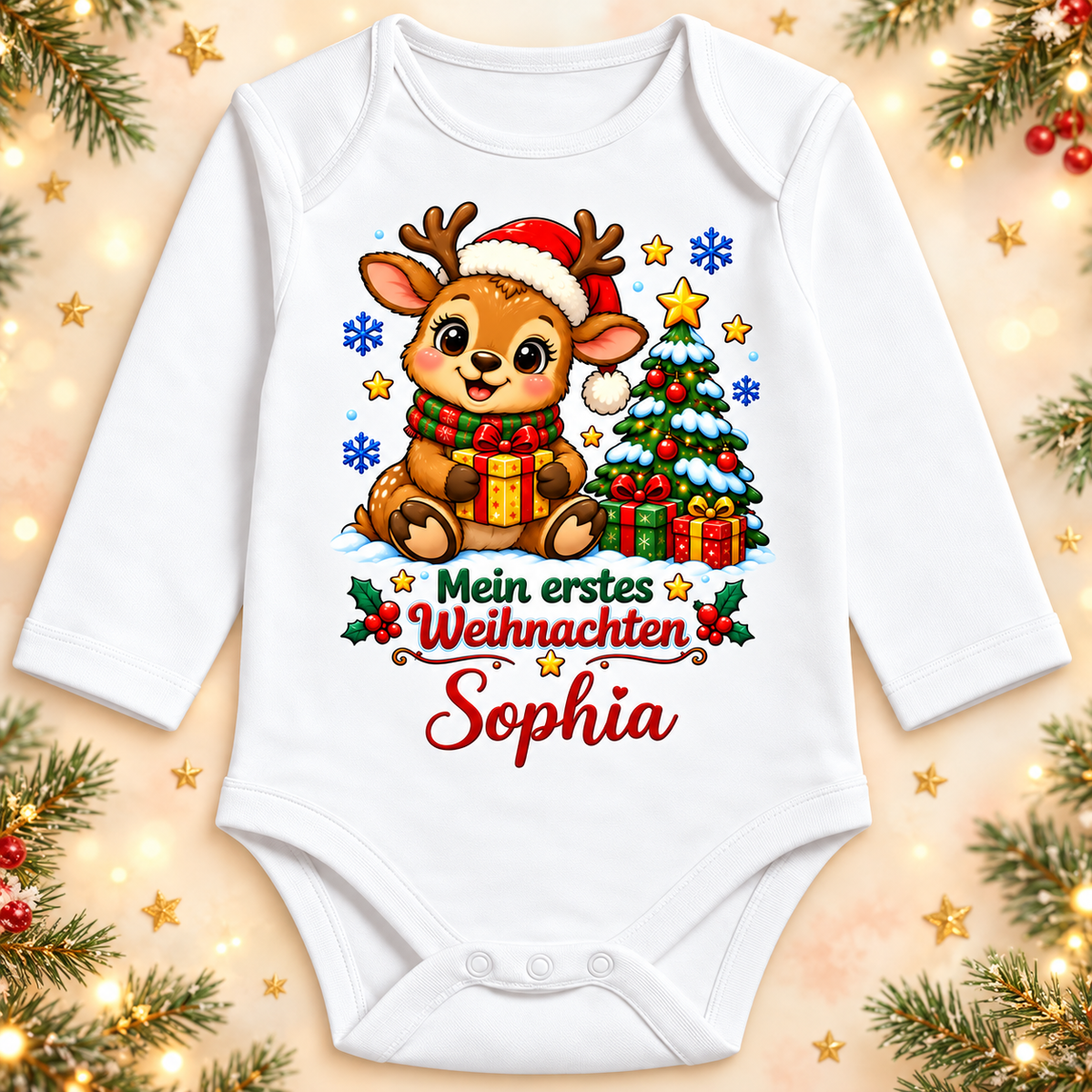 Weißer Langarm-Babybody mit Rentier, Mein erstes Weihnachten und Beispielname Sophia