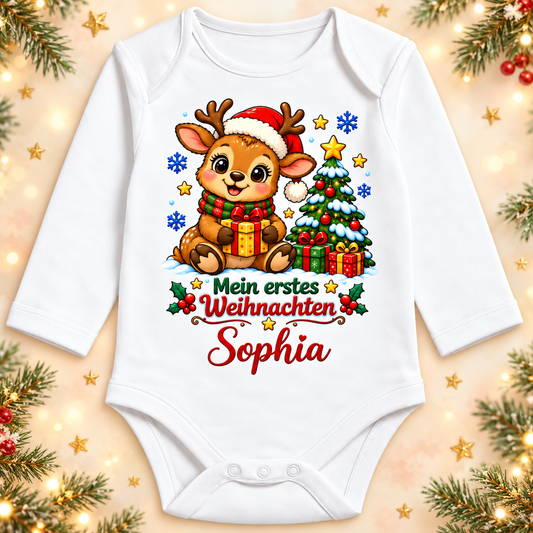Weißer Langarm-Babybody mit Rentier, Mein erstes Weihnachten und Beispielname Sophia