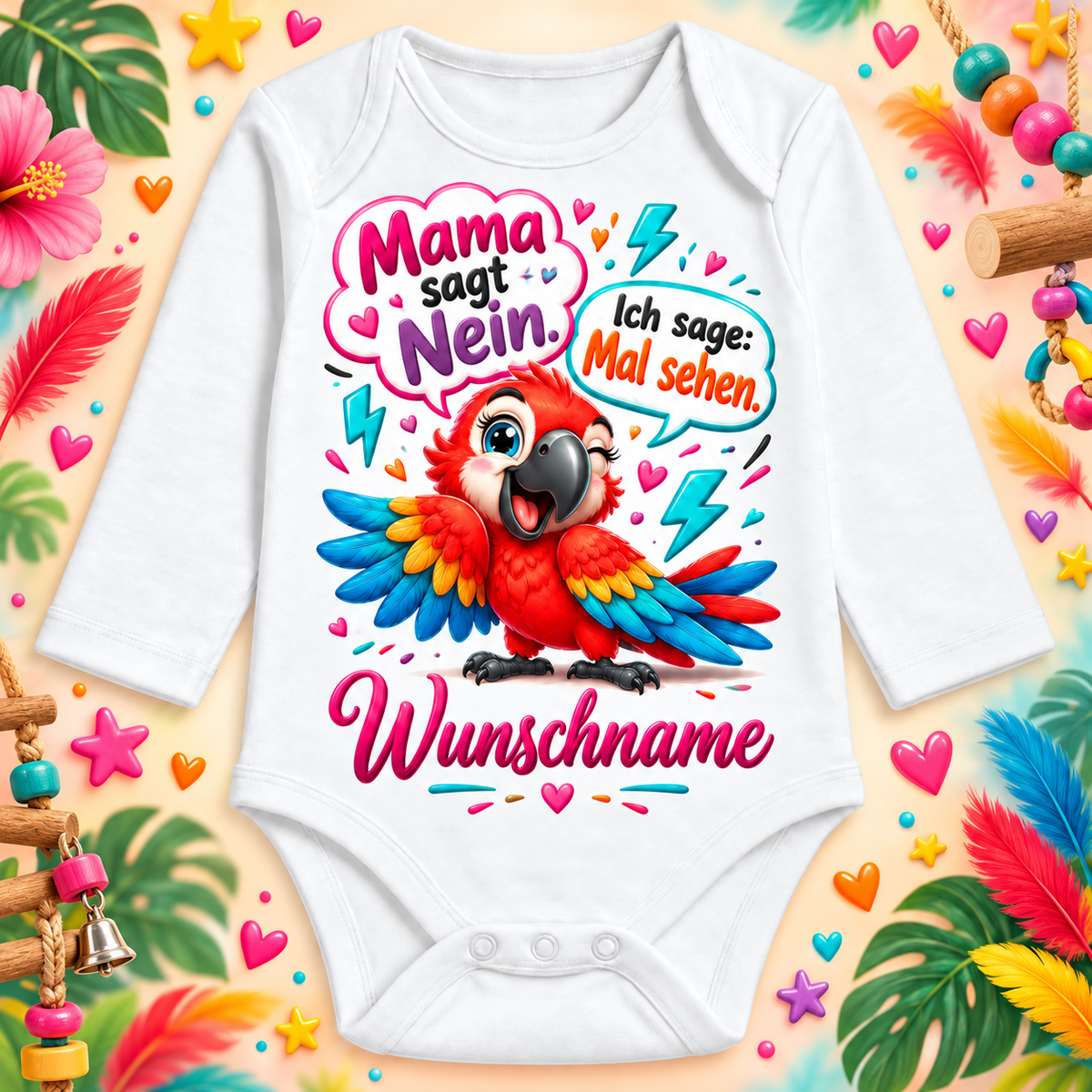 Mama sagt Nein. Ich sage: Mal sehen. – Langarmbody mit Wunschname und Hintergrund