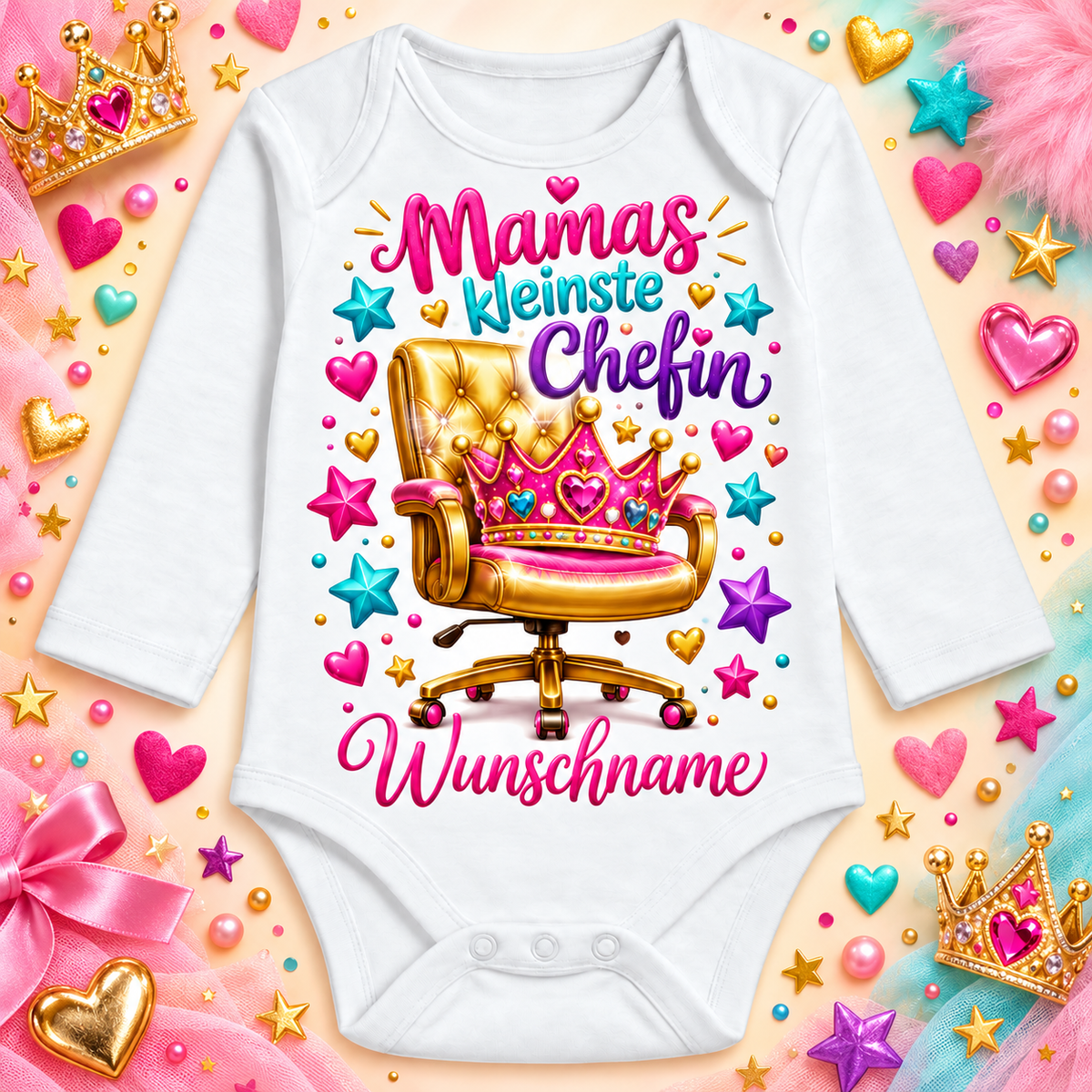 Personalisierter Langarmbody Mamas kleinste Chefin mit buntem Hintergrund