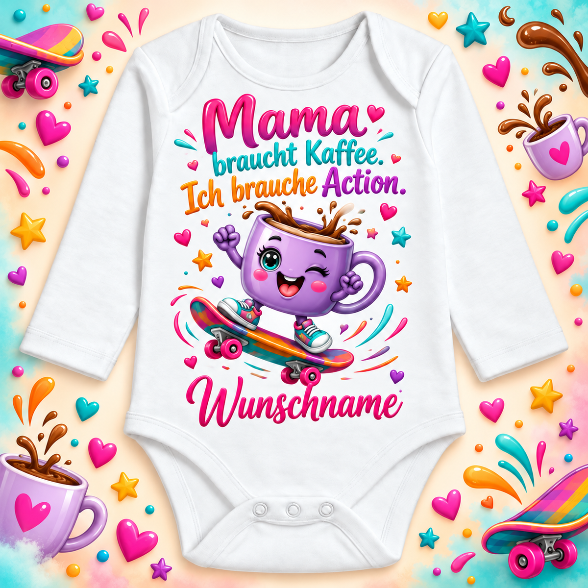 Mama braucht Kaffee. Ich brauche Action. – Langarmbody mit Wunschname und Hintergrund