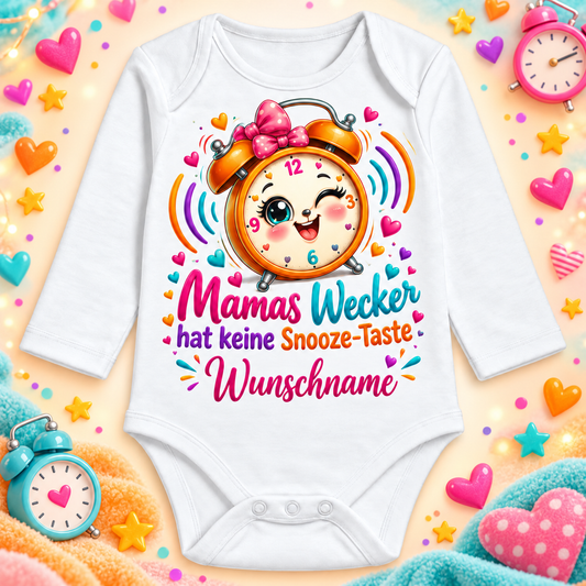 Mamas Wecker hat keine Snooze-Taste – Langarmbody mit Wunschname und Hintergrund