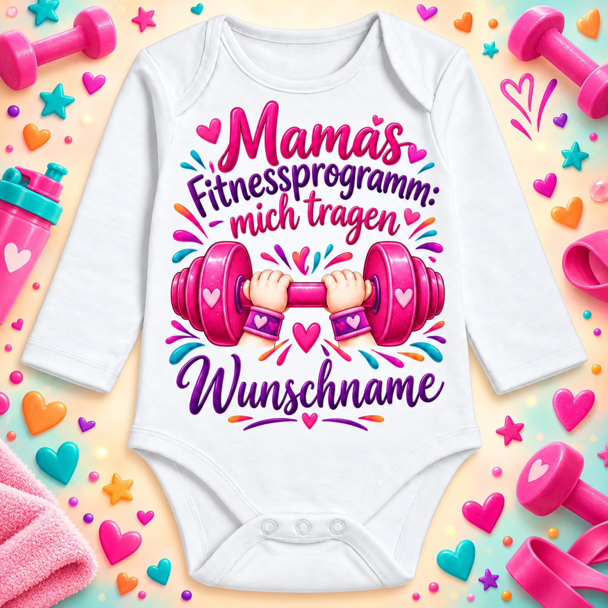 Mamas Fitnessprogramm: mich tragen – Langarmbody mit Wunschname und Hintergrund