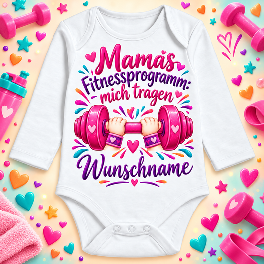Mamas Fitnessprogramm: mich tragen – Langarmbody mit Wunschname und Hintergrund