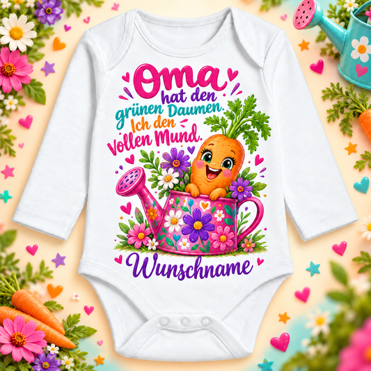 Oma hat den grünen Daumen. Ich den vollen Mund. – Langarmbody mit Wunschname und Hintergrund