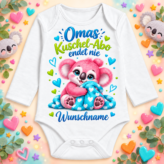 Omas Kuschel-Abo endet nie – Langarmbody mit Wunschname und Hintergrund