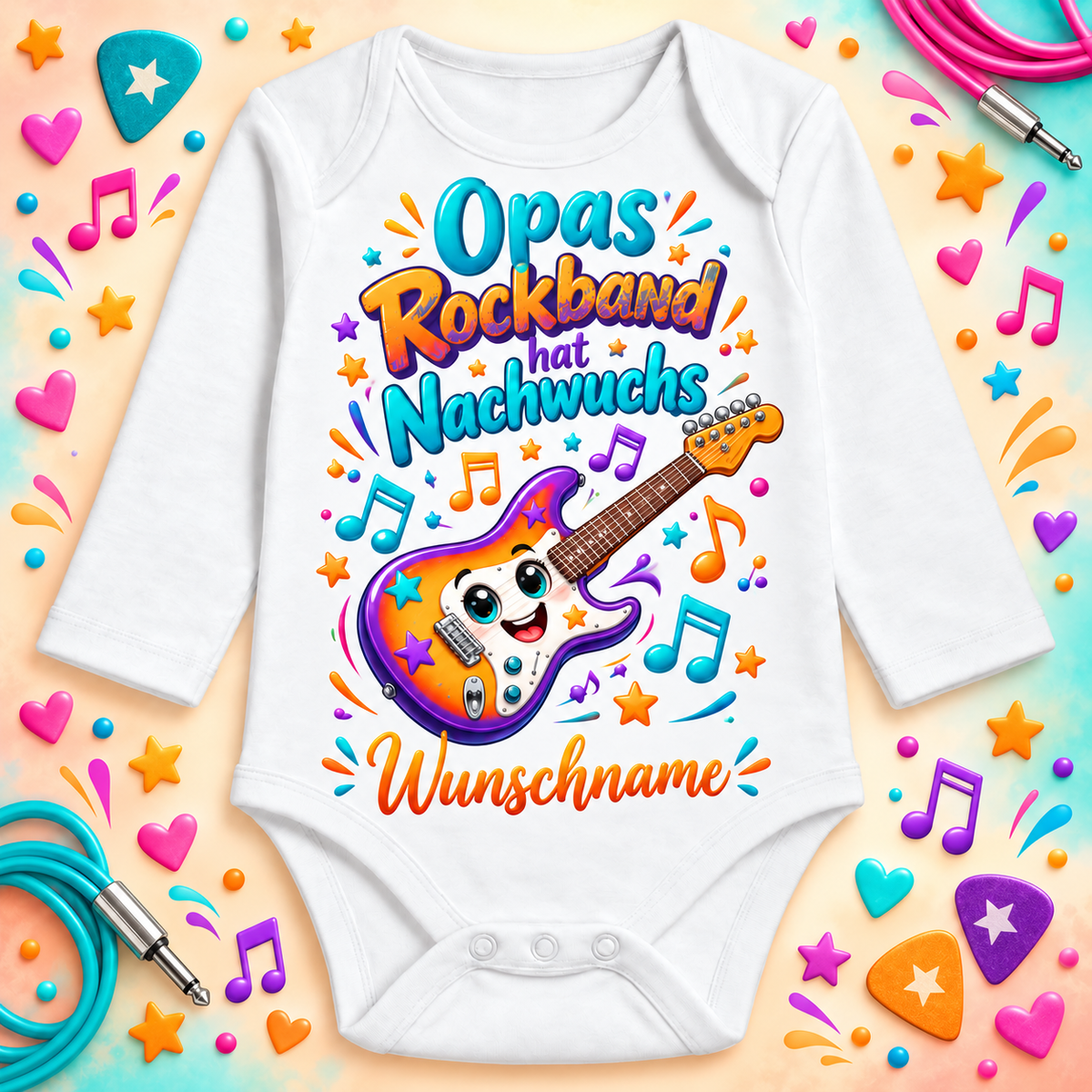 Opas Rockband hat Nachwuchs – Langarmbody mit Wunschname und Hintergrund