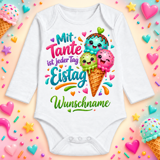Mit Tante ist jeder Tag Eistag – Langarmbody mit Wunschname und Hintergrund