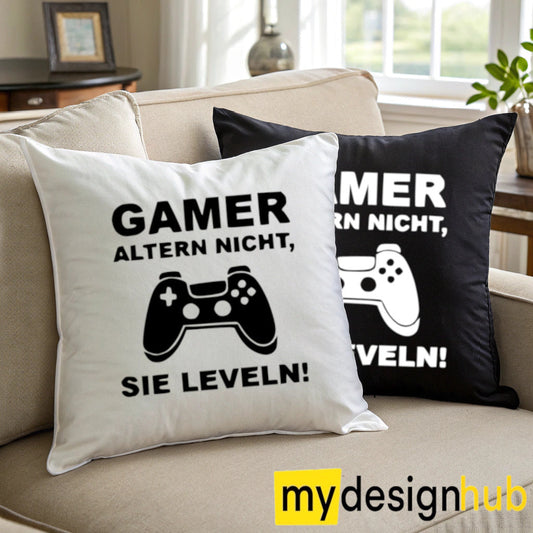 Kissenbezug mit Spruch Gamer altern nicht sie leveln Sprüche witzig Kissen Motiv 40x40
