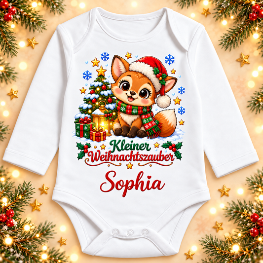 Weißer Langarm-Babybody mit Fuchs, Kleiner Weihnachtszauber und Beispielname Sophia