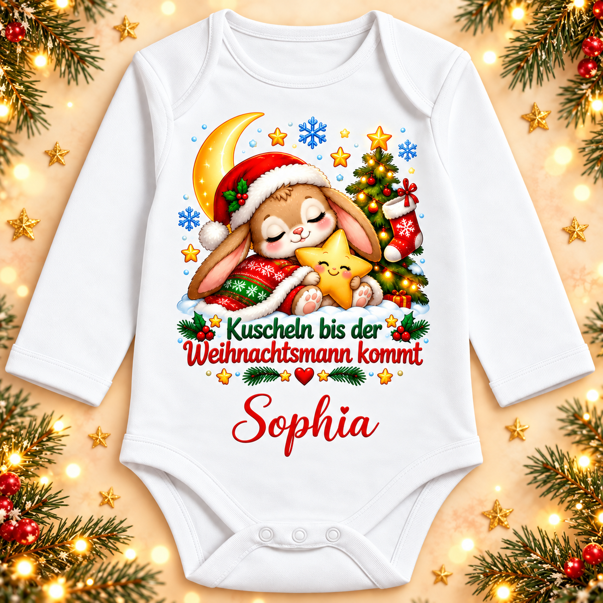 Weißer Langarm-Babybody mit Hase, Kuscheln bis der Weihnachtsmann kommt und Beispielname Sophia