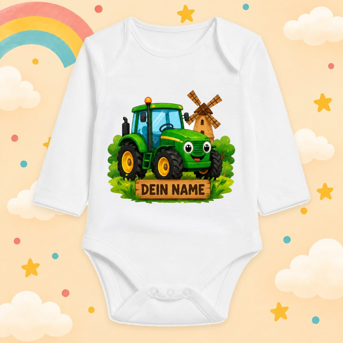 Babybody Langarm – Bauernhof – Traktor | mit Wunschname – Produktansicht