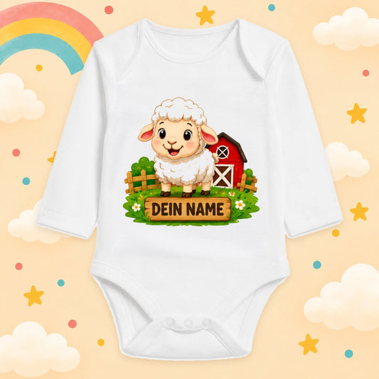 Babybody Langarm – Bauernhof – Schaf | mit Wunschname – Motiv 2 – Produktansicht