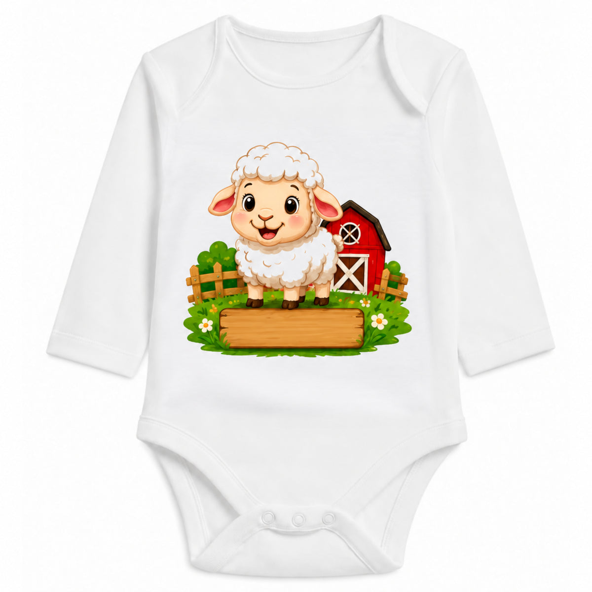 Babybody Langarm – Bauernhof – Schaf | mit Wunschname – Motiv 2 – Personalisierungsvorschau ohne Beispielname