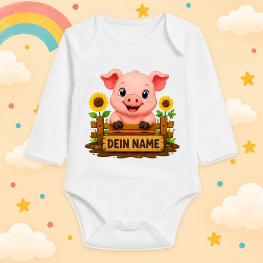 Babybody Langarm – Bauernhof – Schwein | mit Wunschname – Motiv 2 – Produktansicht