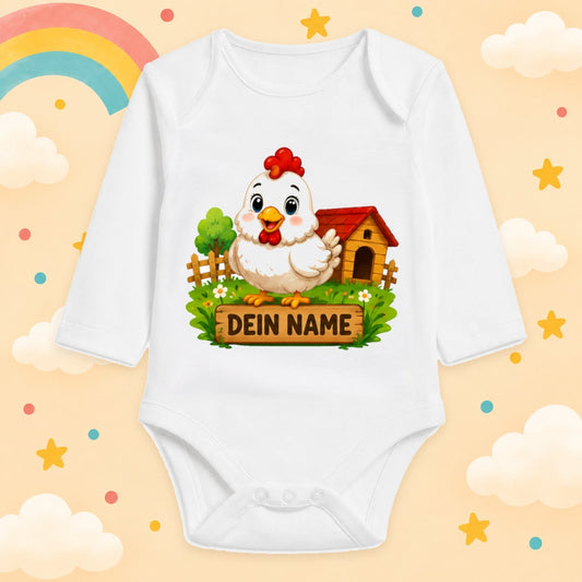 Babybody Langarm – Bauernhof – Huhn | mit Wunschname – Produktansicht
