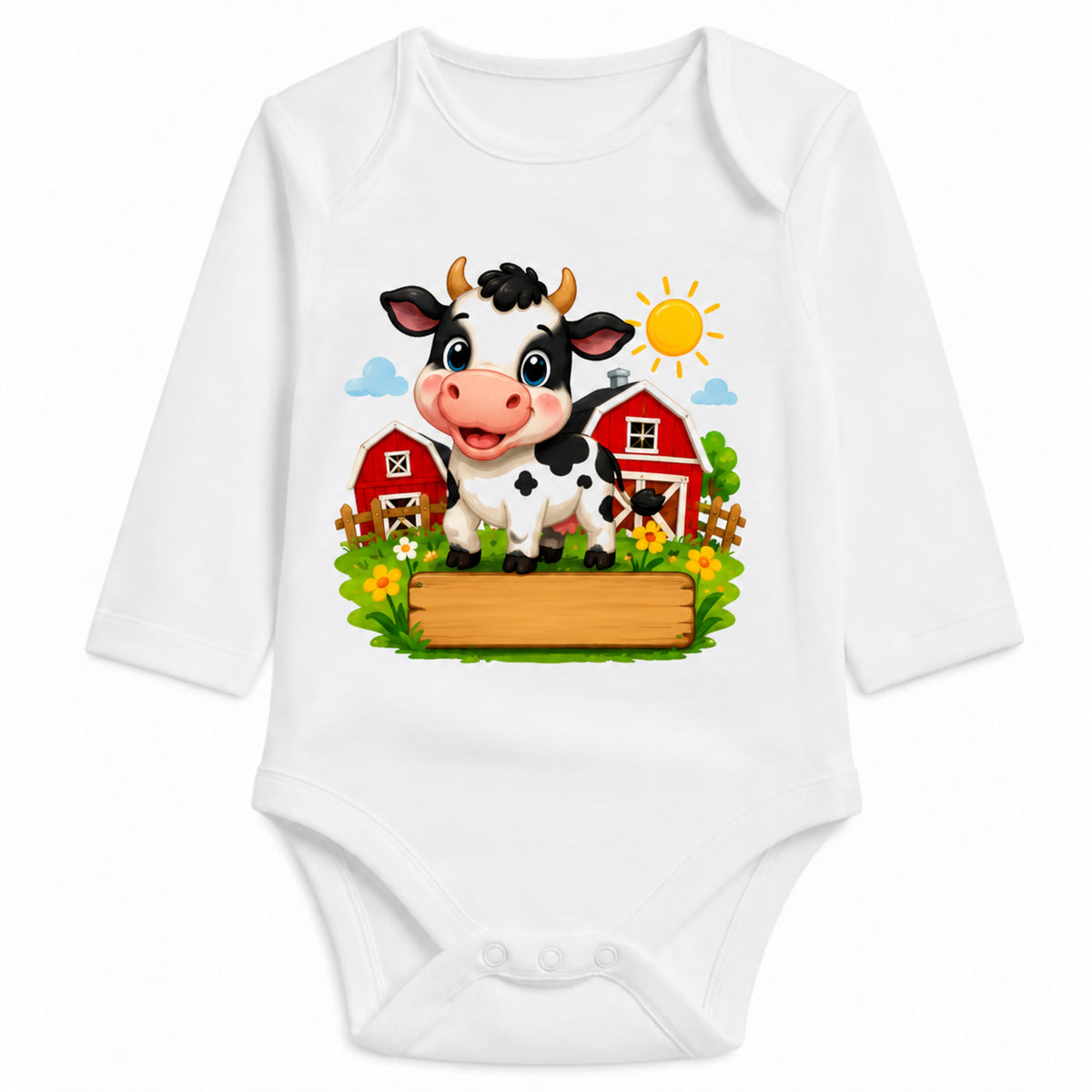 Babybody Langarm – Bauernhof – Kuh | mit Wunschname – Motiv 2 – Personalisierungsvorschau ohne Beispielname