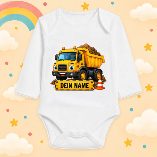 Babybody Langarm – Baustelle – Kipper | mit Wunschname – Produktansicht
