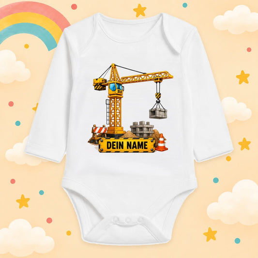 Babybody Langarm – Baustelle – Kran | mit Wunschname – Produktansicht