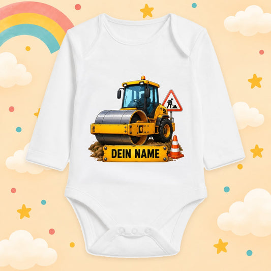 Babybody Langarm – Baustelle – Walze | mit Wunschname – Produktansicht