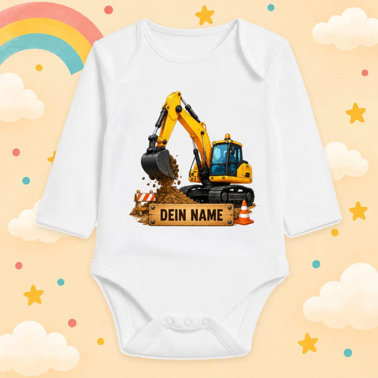 Babybody Langarm – Baustelle – Bagger | mit Wunschname – Produktansicht