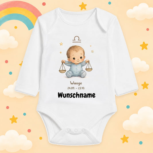 Babybody Langarm – Sternzeichen Waage | mit Wunschname – Produktansicht
