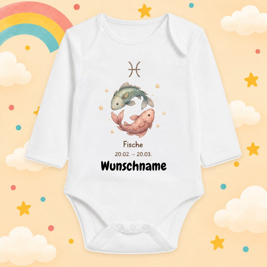 Babybody Langarm – Sternzeichen Fische | mit Wunschname – Produktansicht