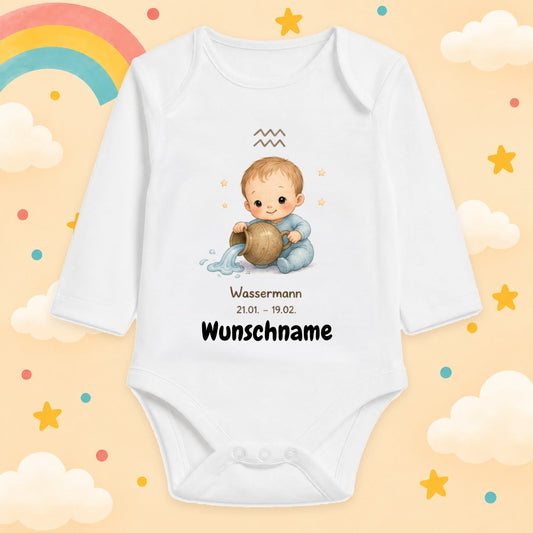 Babybody Langarm – Sternzeichen Wassermann | mit Wunschname – Produktansicht