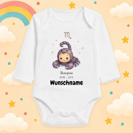 Babybody Langarm – Sternzeichen Skorpion | mit Wunschname – Produktansicht