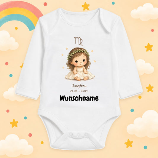 Babybody Langarm – Sternzeichen Jungfrau | mit Wunschname – Produktansicht