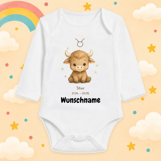 Babybody Langarm – Sternzeichen Stier | mit Wunschname – Produktansicht