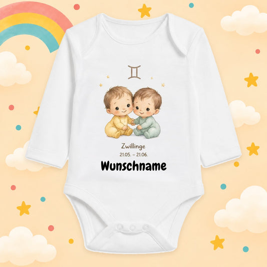 Babybody Langarm – Sternzeichen Zwillinge | mit Wunschname – Produktansicht
